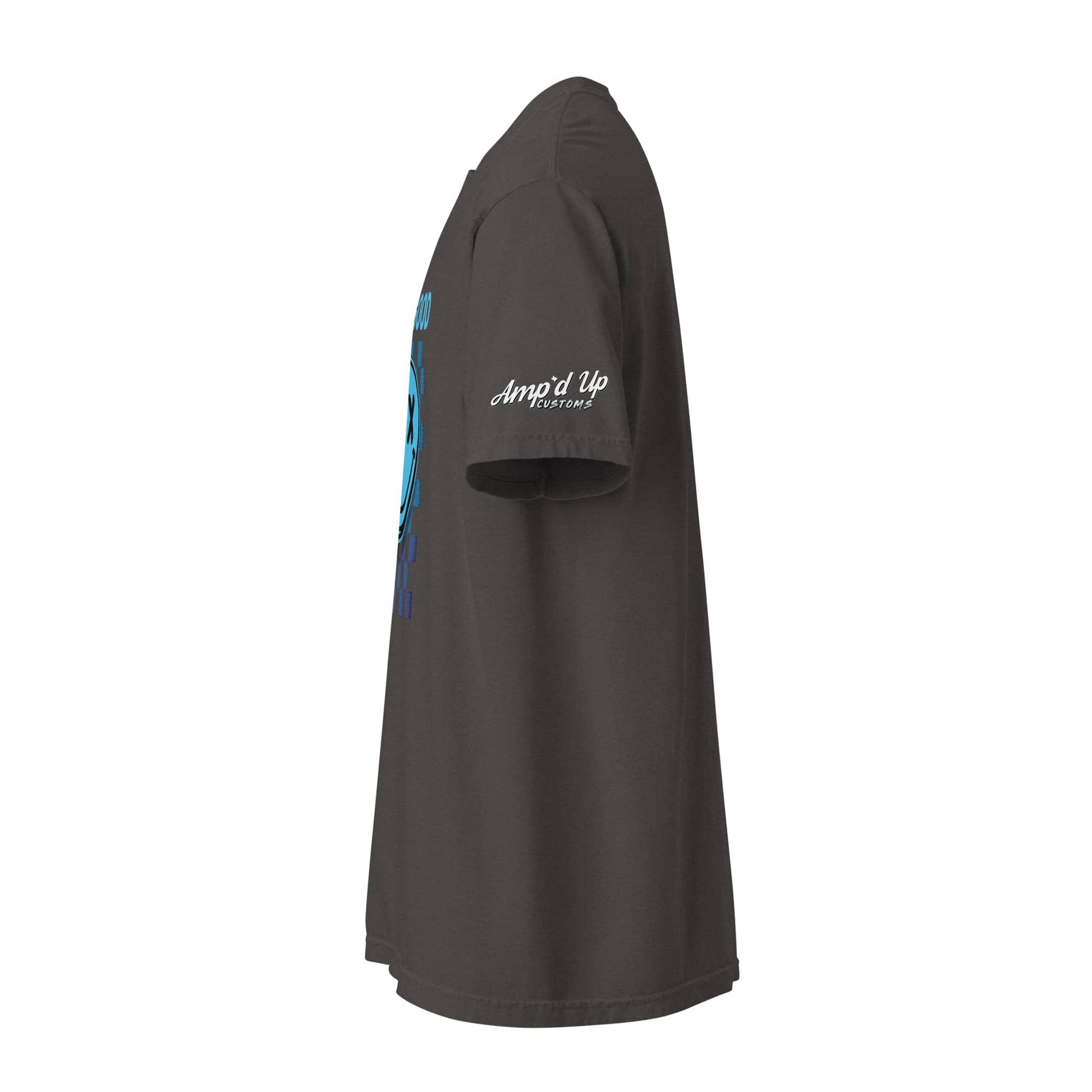 Life's Good Smiley Face Checkered T-Shirt in dark gray with a side view and logo detail