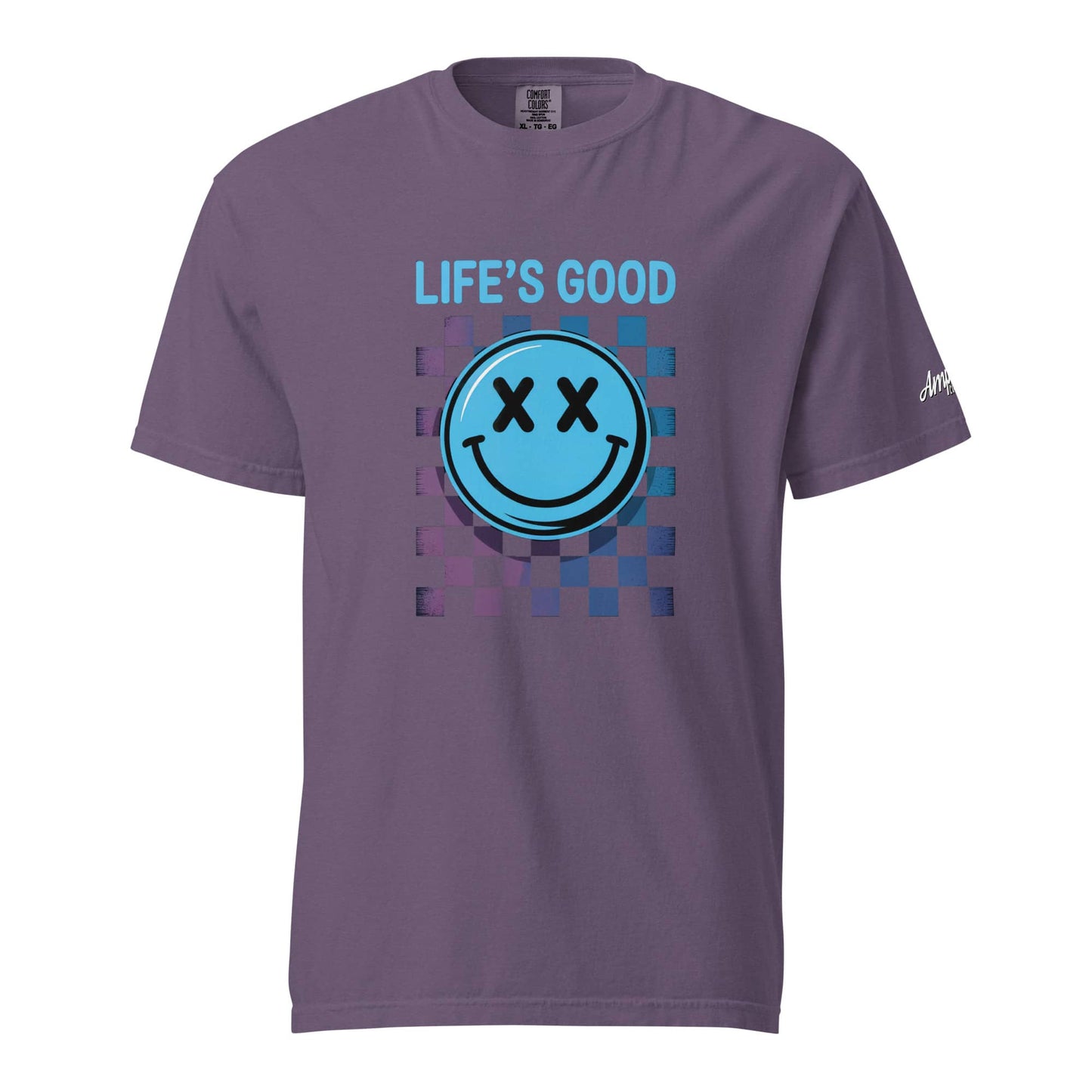 Life's Good Smiley Face Checkered T-Shirt in purple with vibrant graphic design