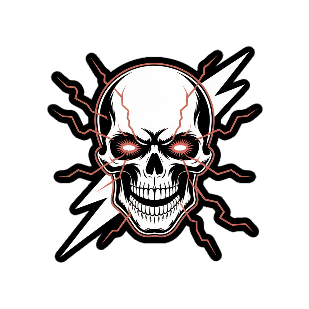 Amp'd Up Custom Lightning Skull sticker with electric lightning bolt and glowing eyes design