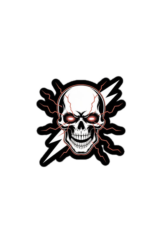 Lightning Skull sticker featuring a white skull with red glowing eyes and lightning bolt design by Amp'd Up Custom
