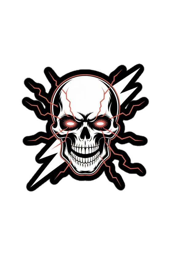 Amp'd Up Custom Lightning Skull sticker featuring a glowing-eyed skull with lightning bolts background