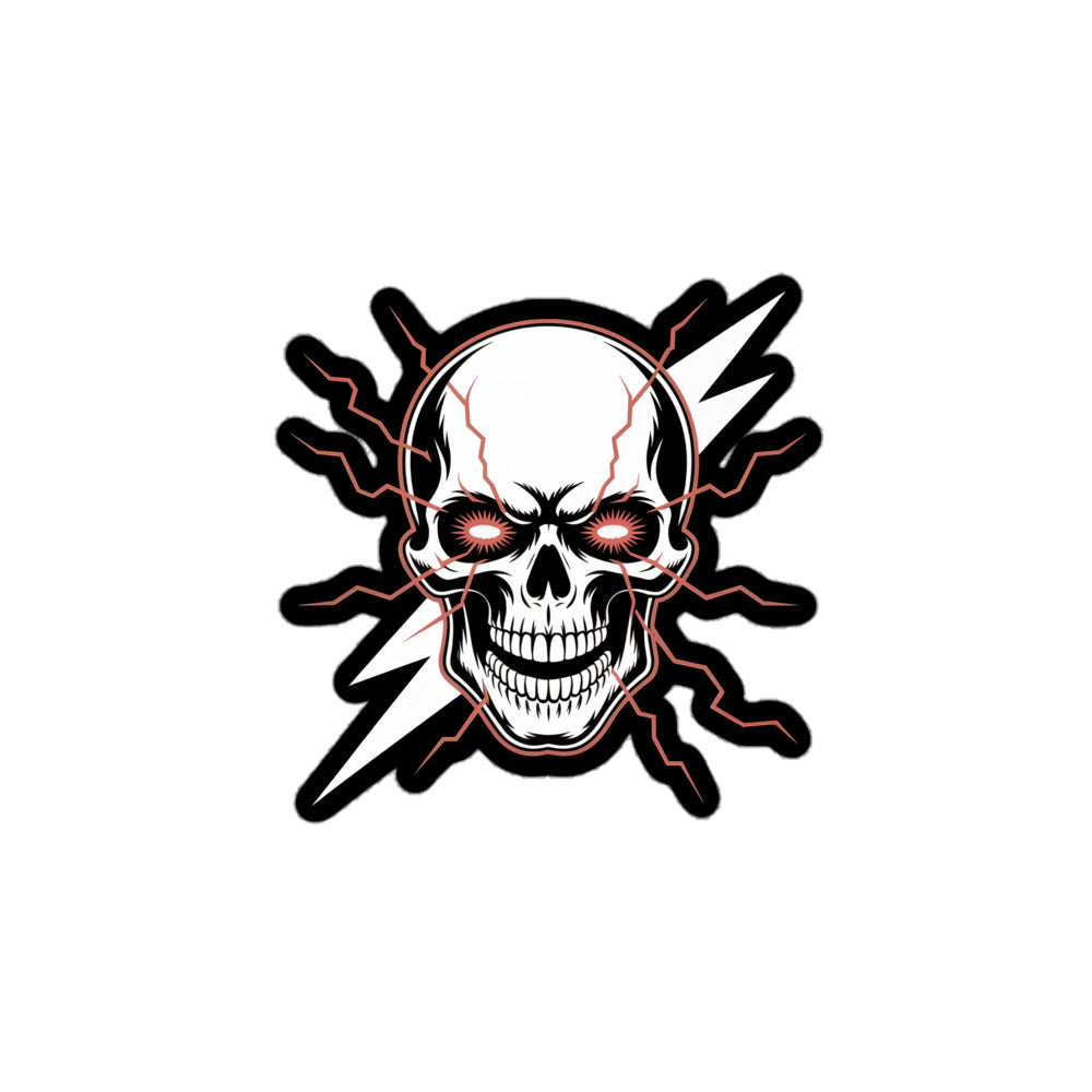 Amp'd Up Custom Lightning Skull sticker featuring a glowing-eyed skull with lightning bolts background