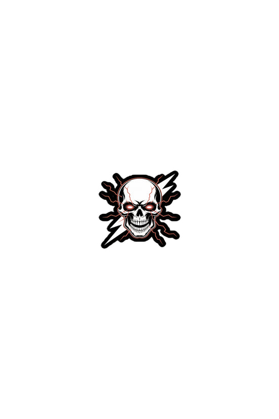 Amp'd Up Custom Lightning Skull sticker featuring a detailed skull with red eyes and lightning bolts
