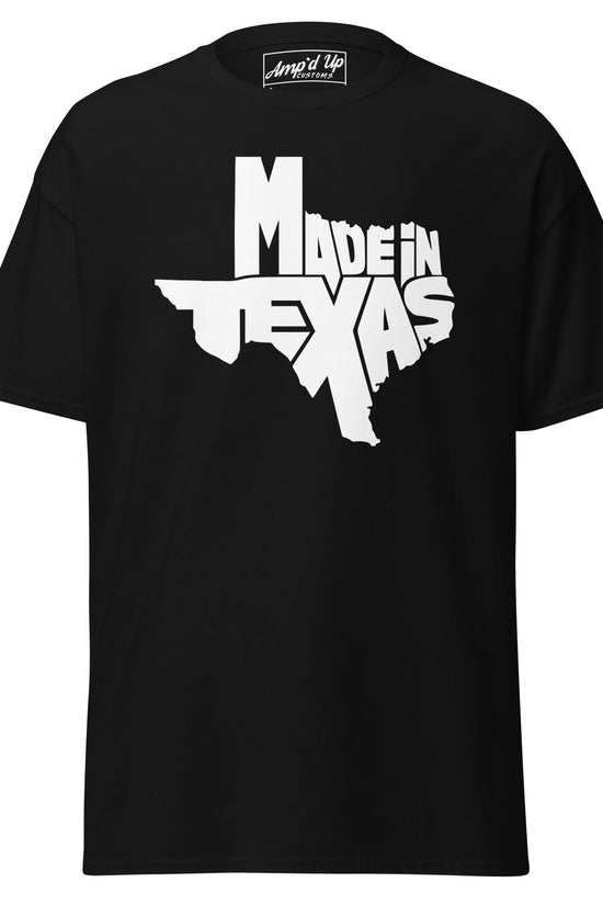 Black Made In Texas T-Shirt featuring bold white lettering and Texas outline design