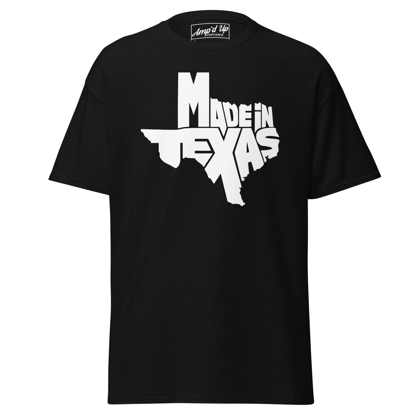 Black Made In Texas T-Shirt featuring bold white lettering and Texas outline design