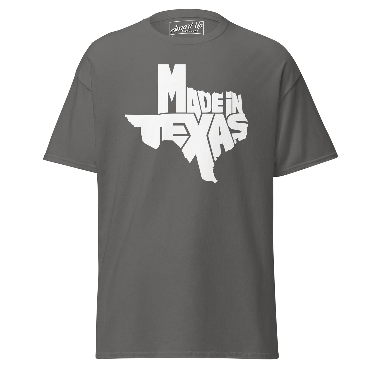 Gray Made In Texas T-Shirt featuring a bold Texas graphic for casual wear