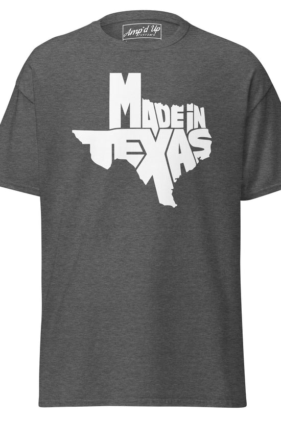 Gray Made In Texas T-Shirt with bold white lettering showcasing Texas pride
