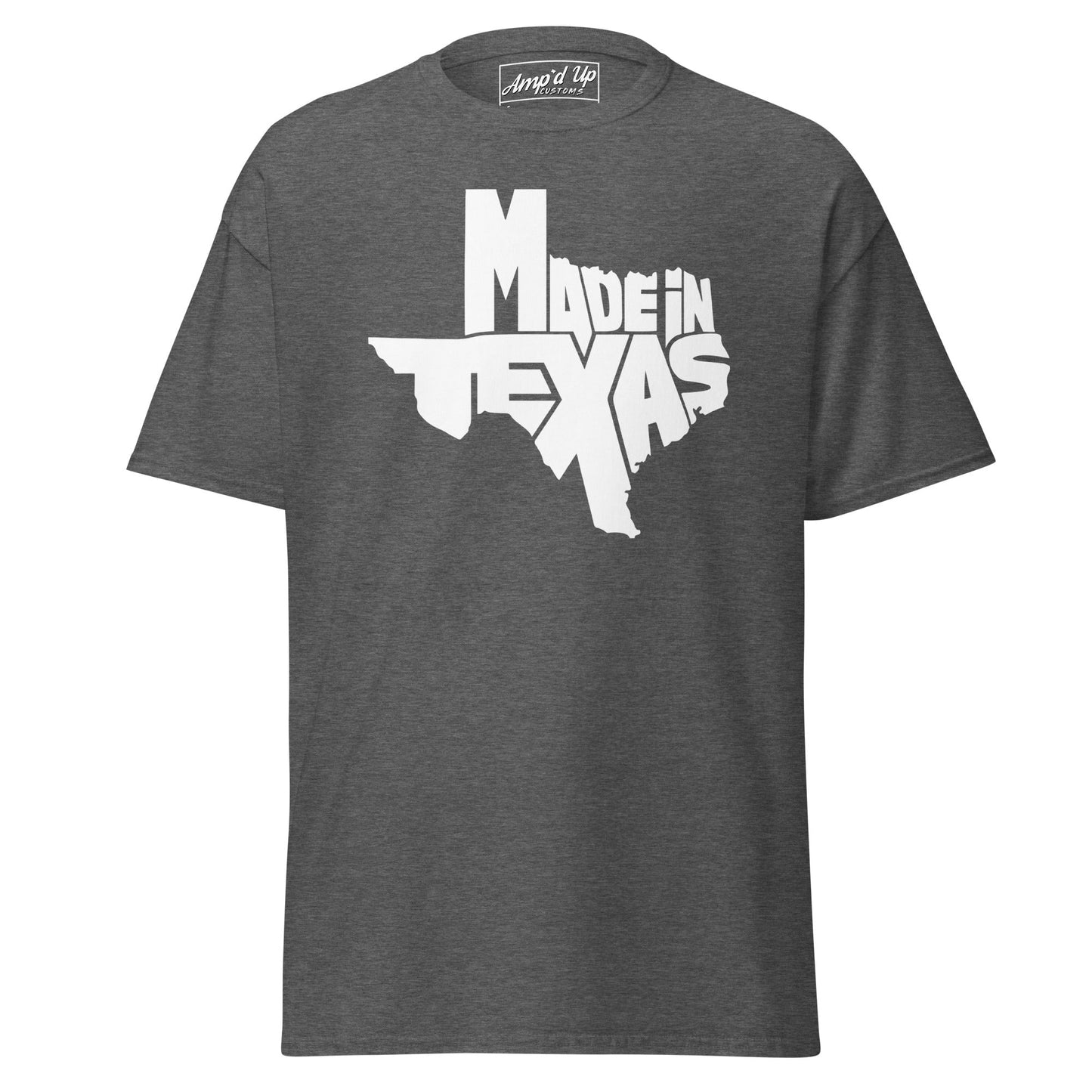 Gray Made In Texas T-Shirt with bold white lettering showcasing Texas pride