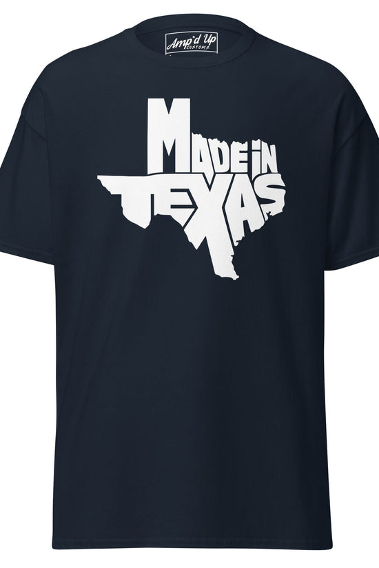 Navy AMP'D UP CUSTOMS Made In Texas T-Shirt with bold Texas graphic design