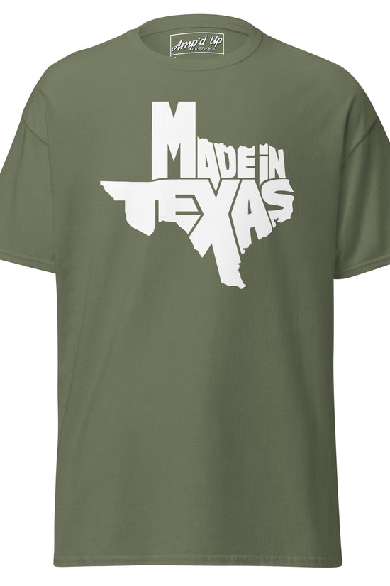 Olive green Made In Texas T-Shirt featuring bold white text and a state outline design