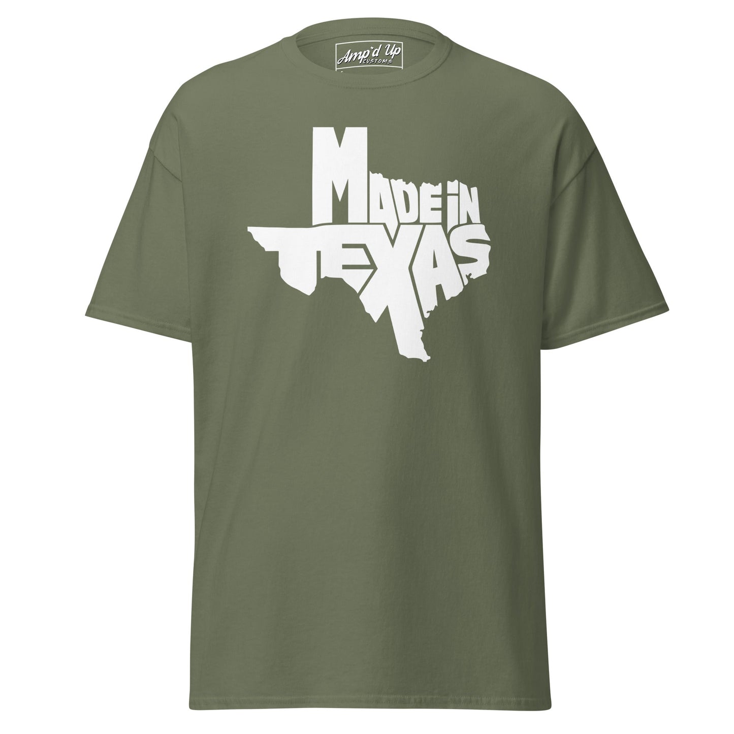 Olive green Made In Texas T-Shirt featuring bold white text and a state outline design