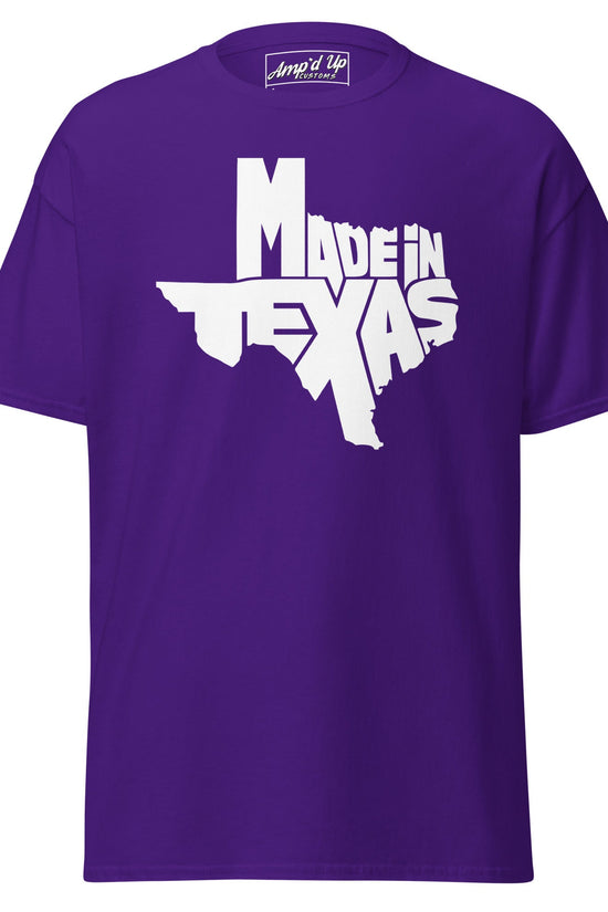 Purple Made In Texas T-Shirt featuring bold white lettering for casual wear
