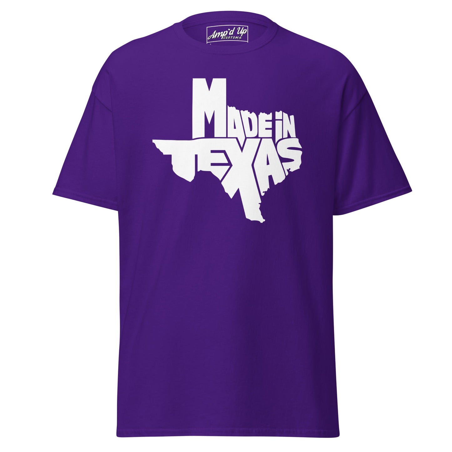Purple Made In Texas T-Shirt featuring bold white lettering for casual wear