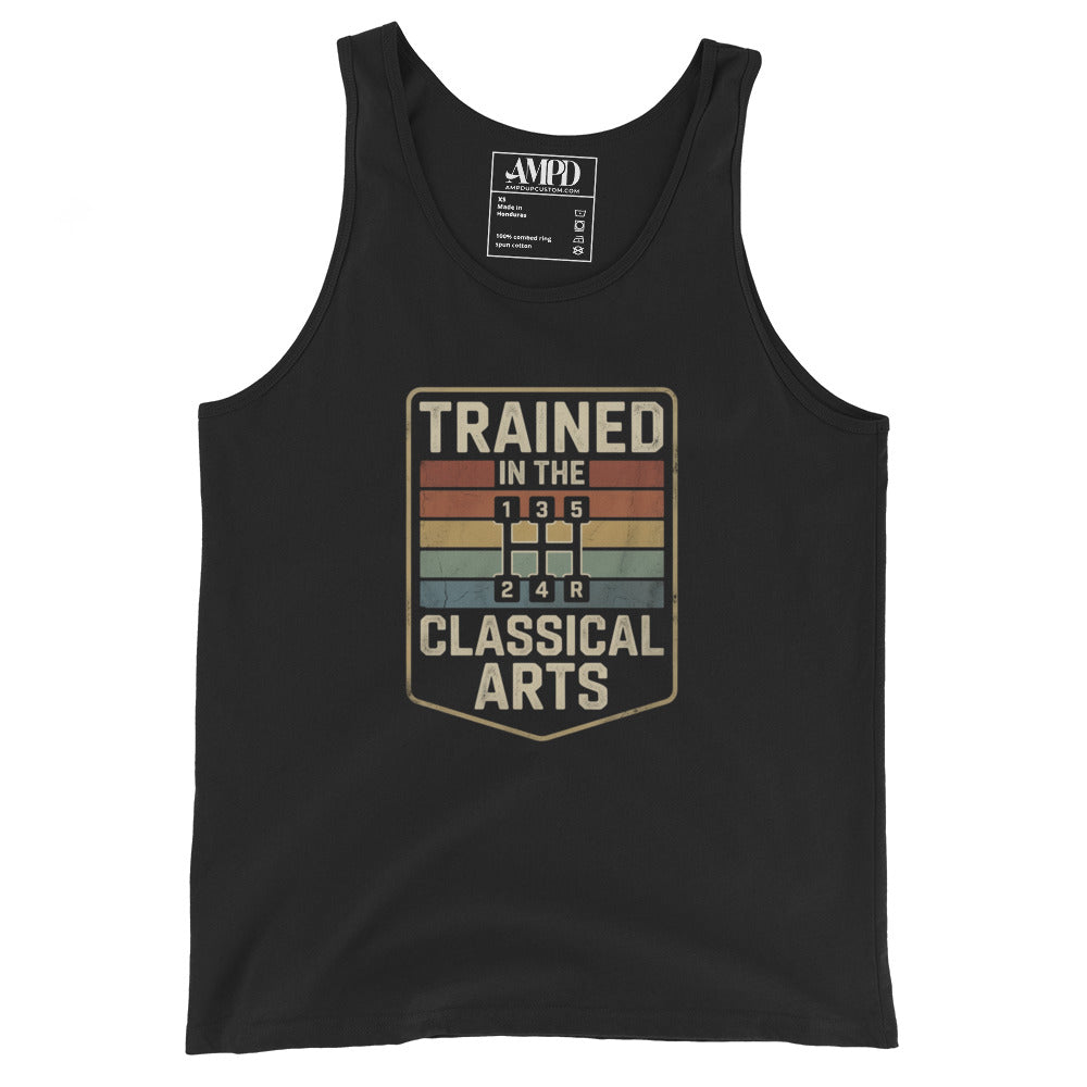 Gray tank top with colorful graphic on a white background