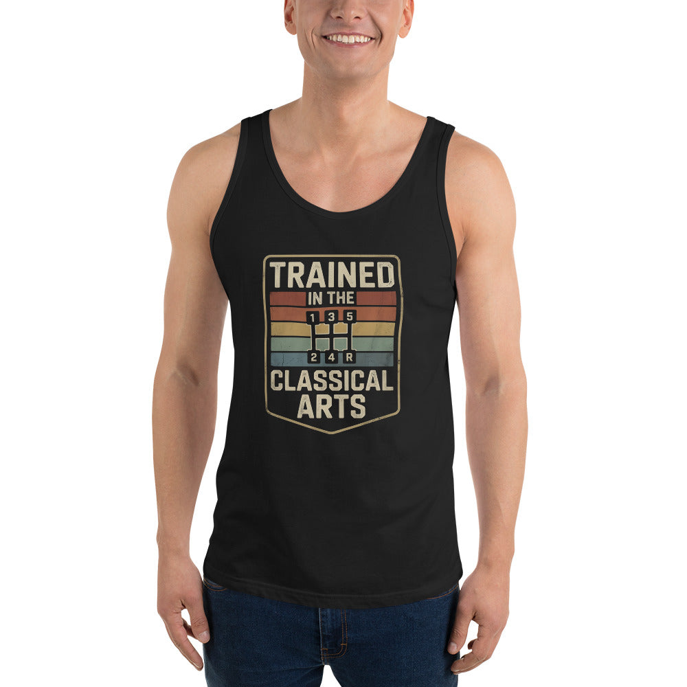 Person wearing a black tank top with 'Trained in the Classical Arts' text and design.