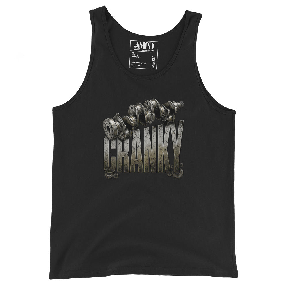 Black tank top with 'Cranky' graphic and AMFD label on a white background