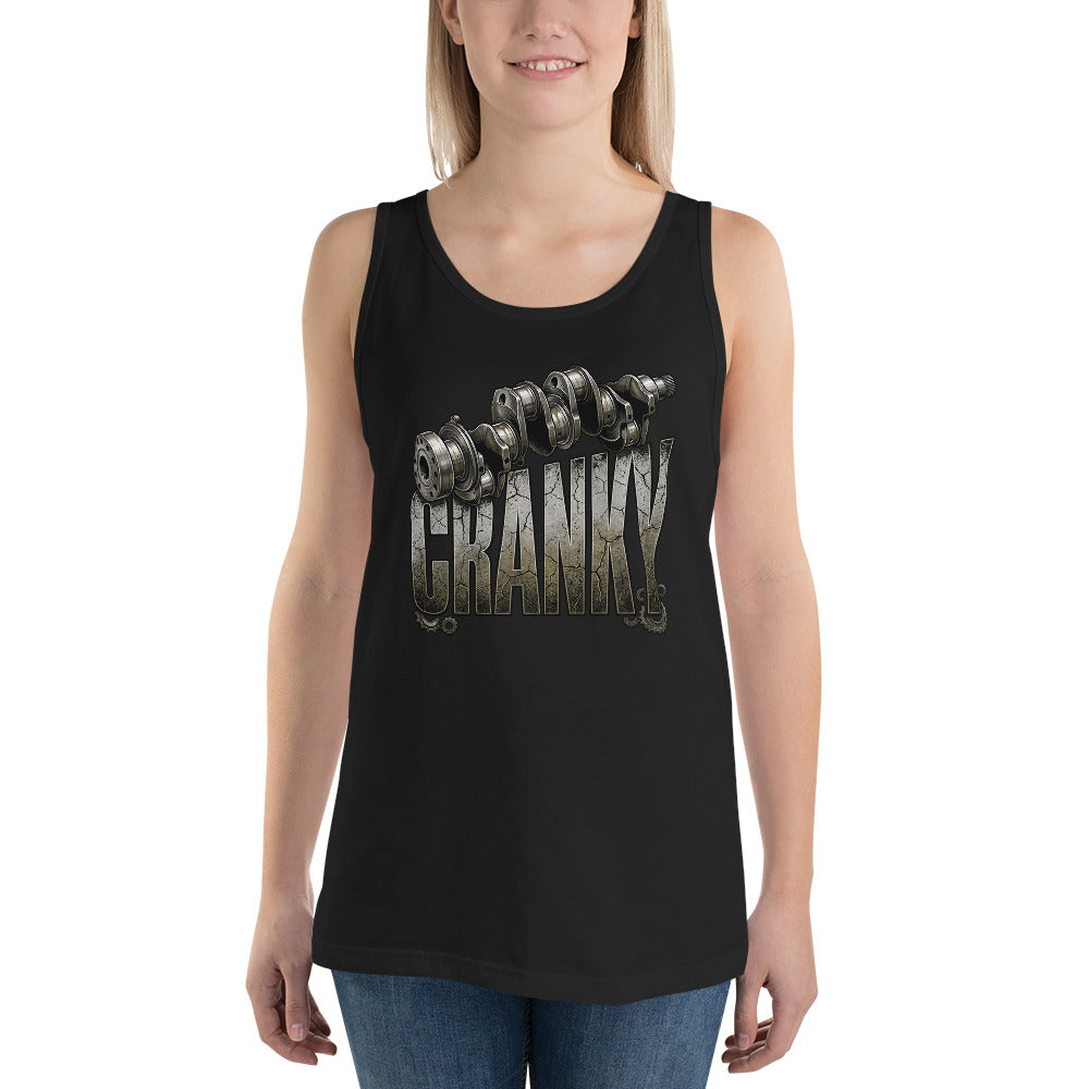 Black tank top with 'CRANKY' graphic design on a white background
