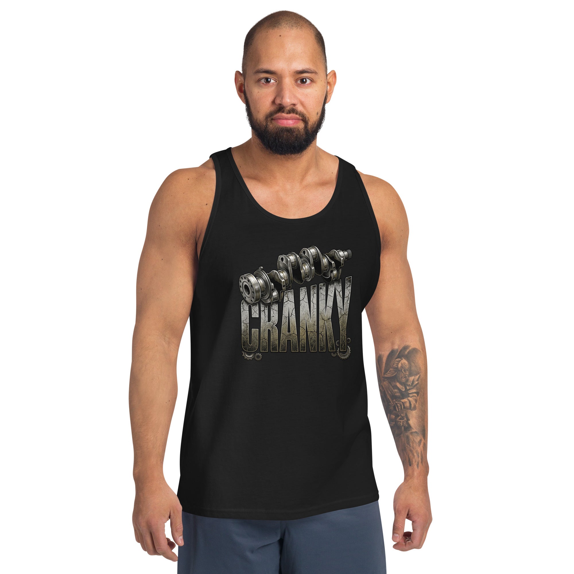Man wearing a black tank top with 'Don't Cranky' text on a white background