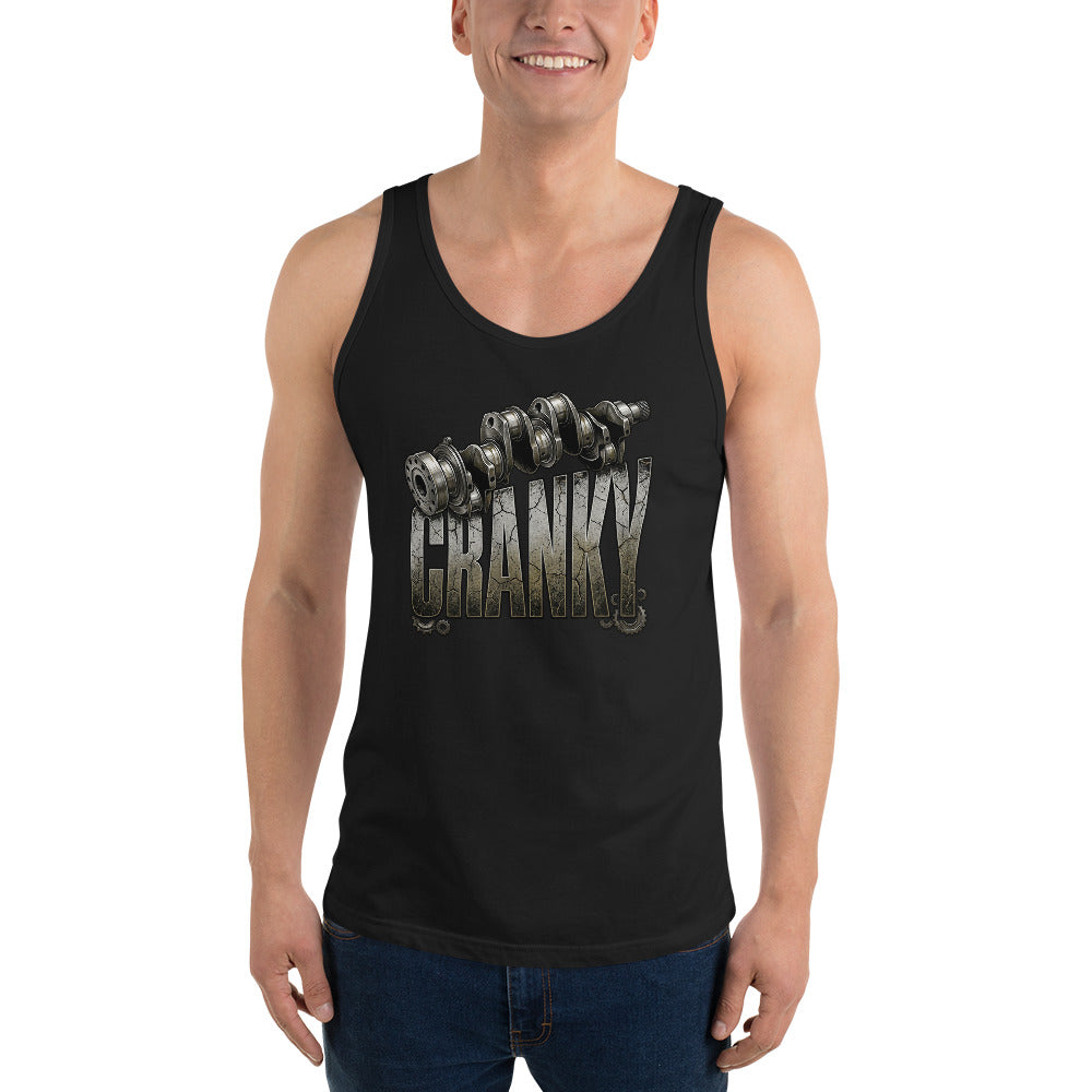 Person wearing a black tank top with a graphic design and text on a white background