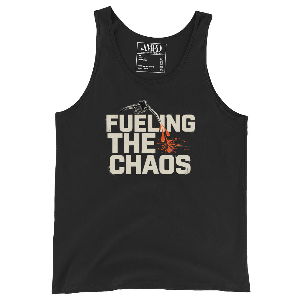 Black tank top with 'Fueling the Chaos' text and graphic on a white background