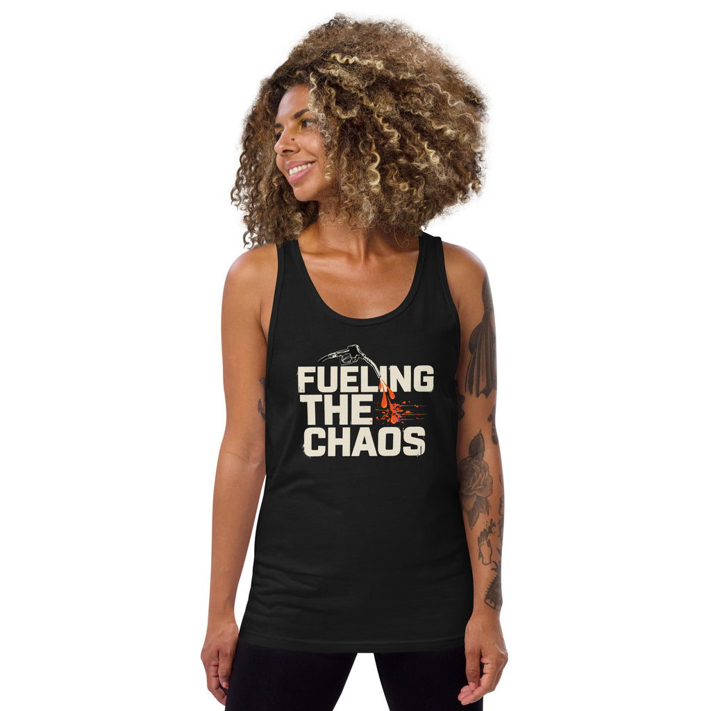 Woman wearing a black tank top with a graphic design on a white background