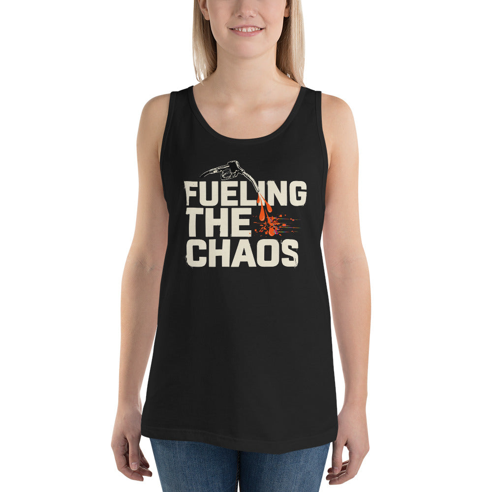 Black tank top with 'Fueling the Chaos' text and graphic on a white background