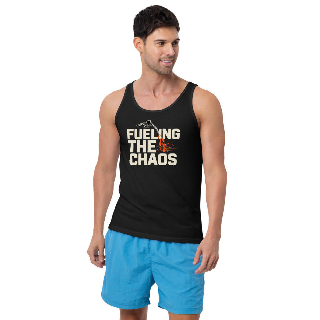 Man wearing a black tank top with 'Fueling the Chaos' text and blue shorts on a white background