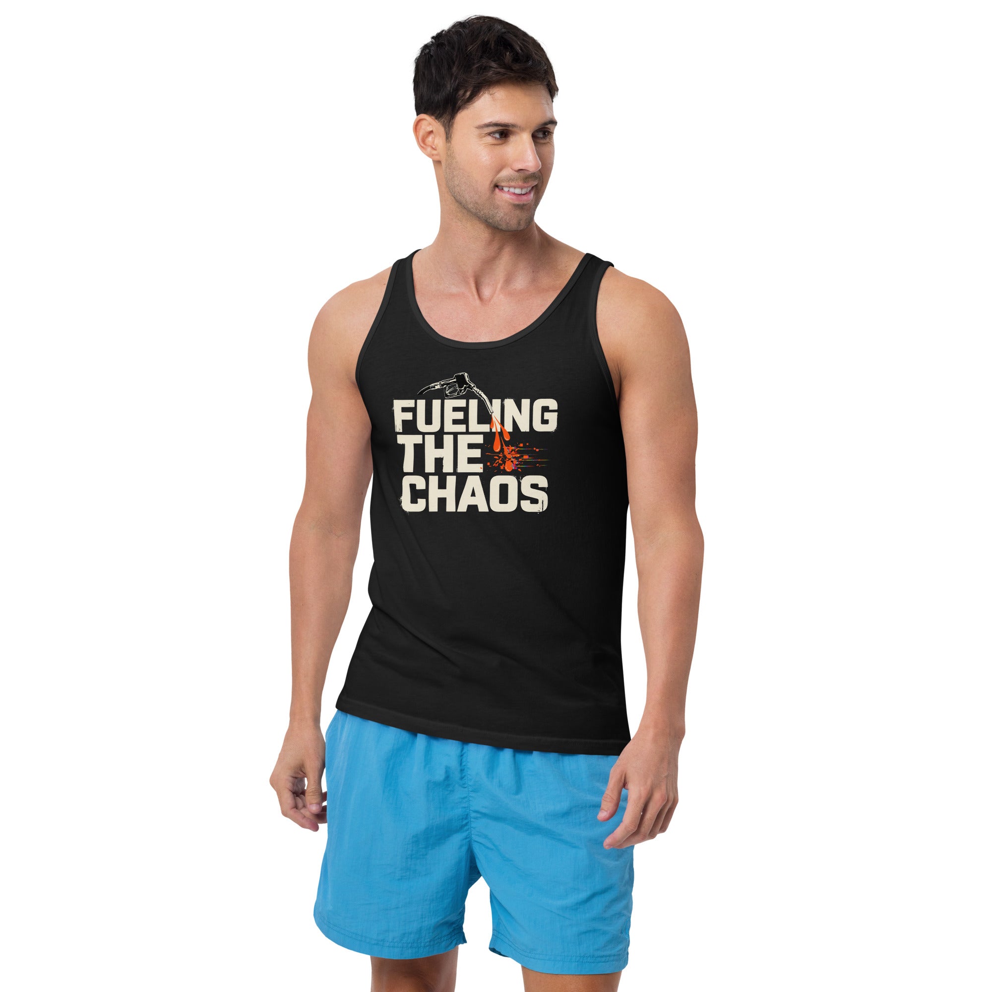 Man wearing a black tank top with 'Fueling the Chaos' text and blue shorts on a white background
