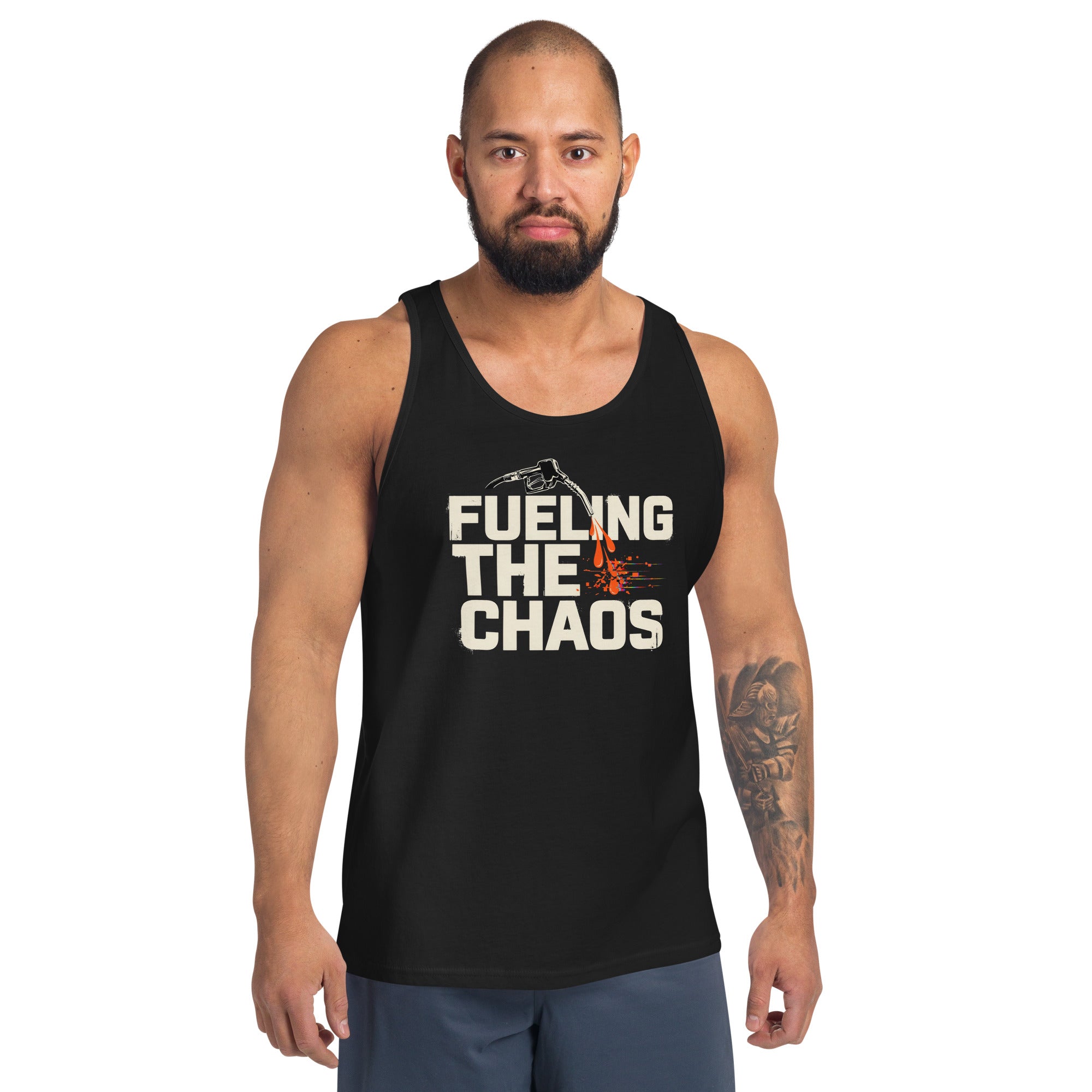 Man wearing a black tank top with 'Fueling the Chaos' text on a white background