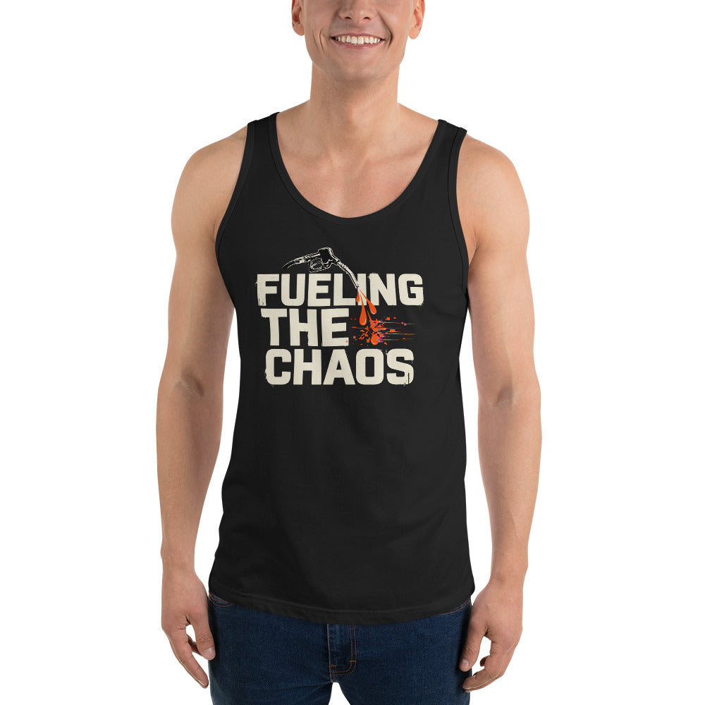 Person wearing a black tank top with 'Fueling the Chaos' text on a white background