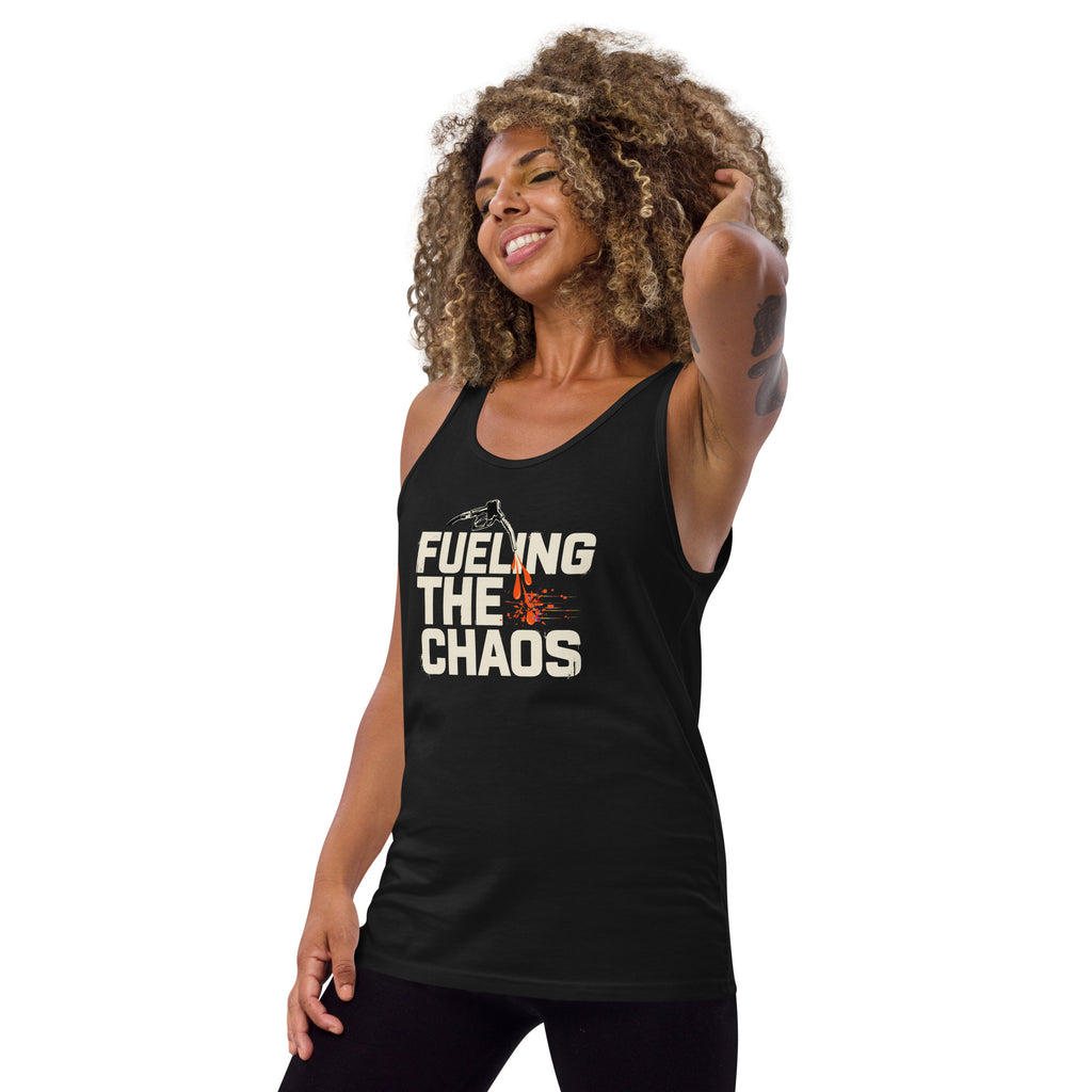 Woman wearing a black tank top with a colorful graphic design on a white background