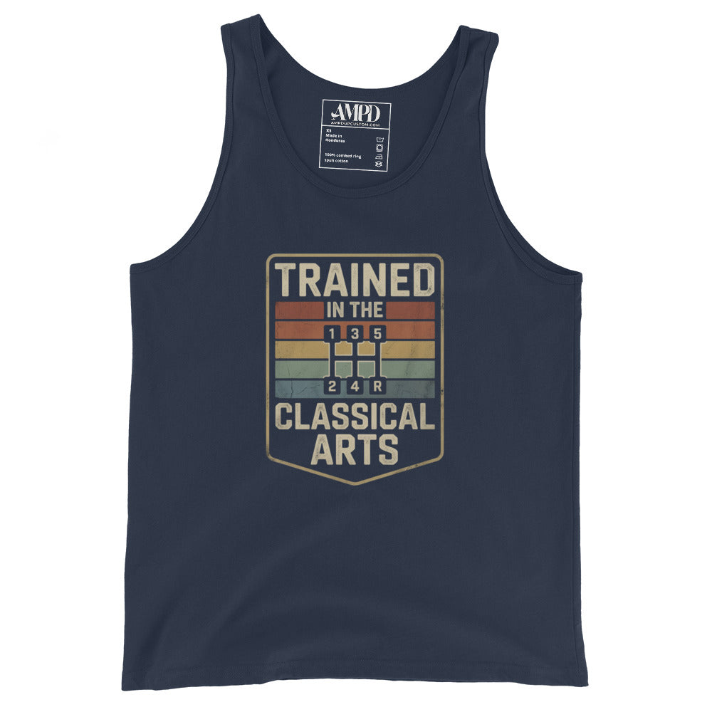 Navy tank top with 'Trained in the Classical Arts' graphic on a white background