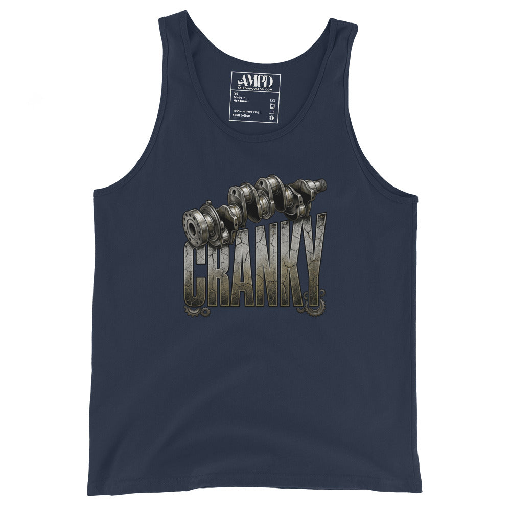 Black tank top with 'CRANKY' graphic and AMFD label on a white background