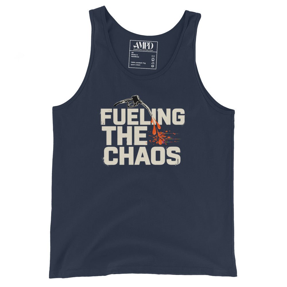 Navy tank top with 'Fueling the Chaos' text and graphic on a white background