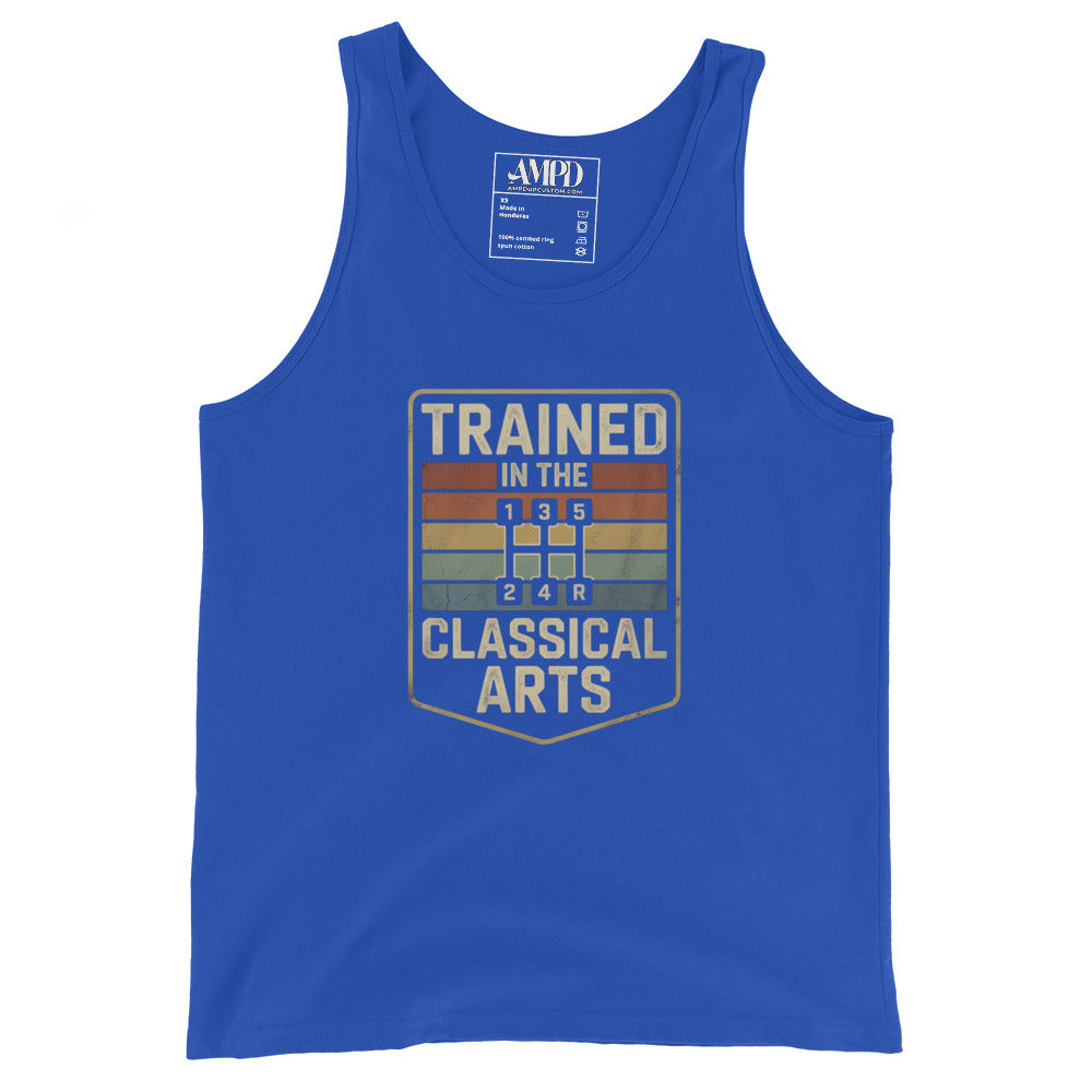 Blue tank top with 'Trained in the Classical Arts' graphic on a white background