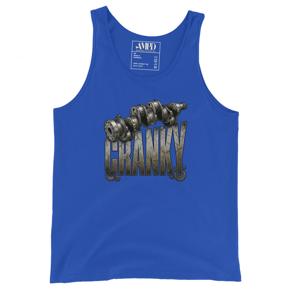 Blue tank top with 'Chanky' graphic and AMFD label on a white background