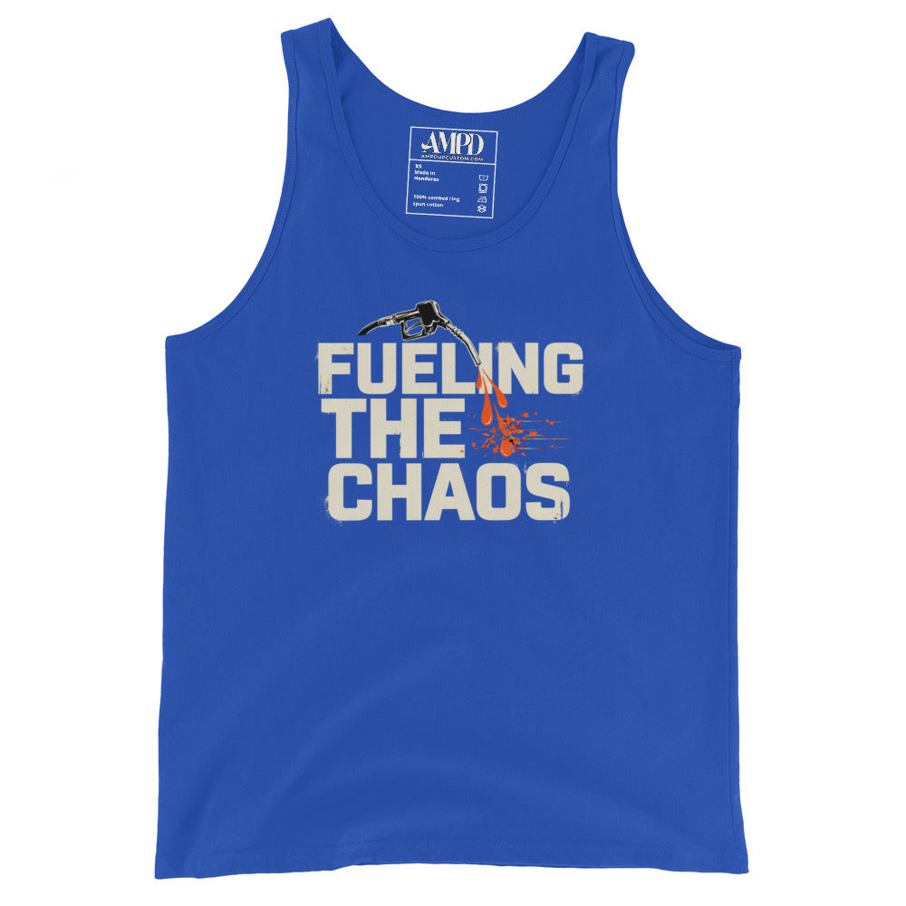 Blue tank top with 'Fueling the Chaos' text and gas pump graphic on a white background