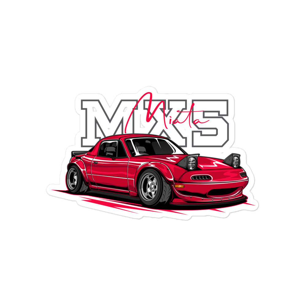 Miata MX5 Bubble-free sticker | AMPD featuring a vibrant red car illustration with bold graphics