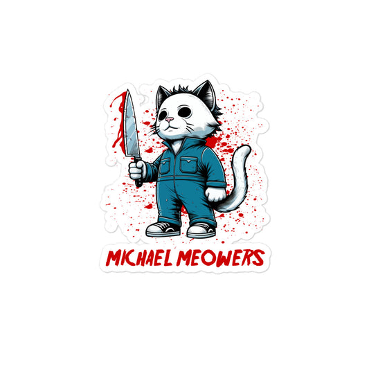 Michael Meowers sticker by Amp'd Up Custom featuring a cat in a blue jumpsuit holding a bloody knife