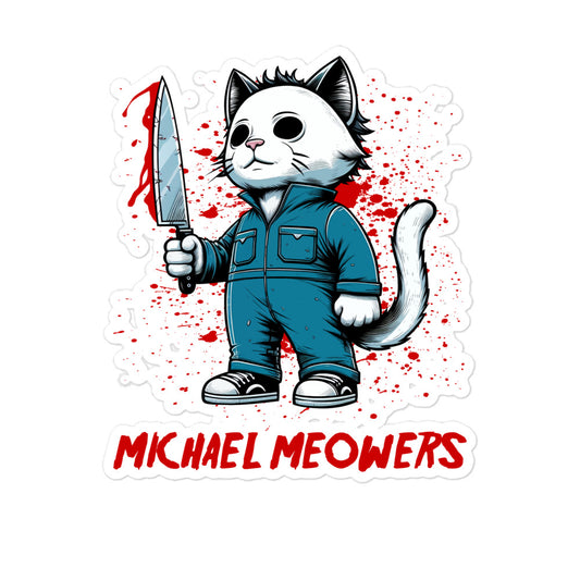 Michael Meowers sticker featuring a cat character in a blue jumpsuit holding a bloody knife with red splatter background
