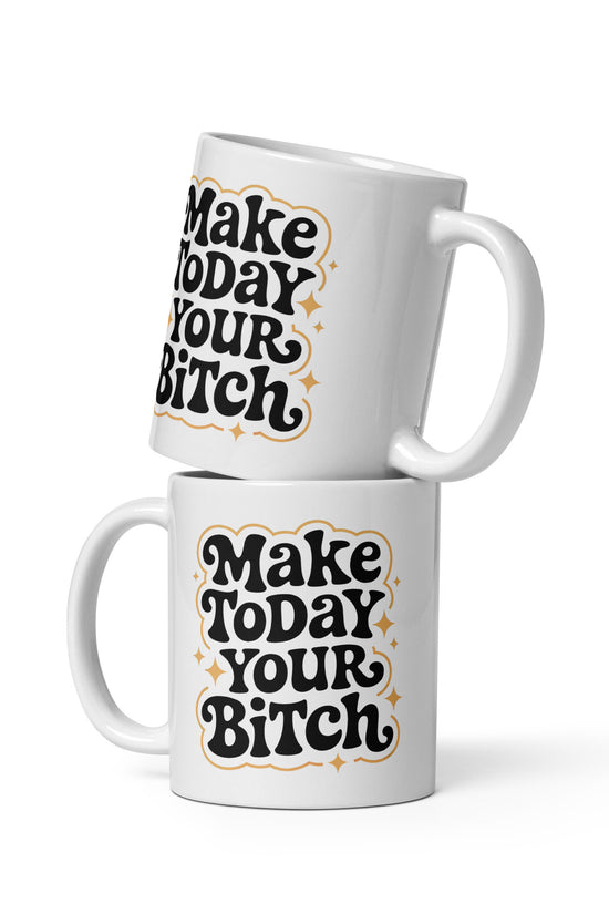 White ceramic stacked mugs featuring Make Today Your Bitch Classic Mug retro black lettering and gold star accents