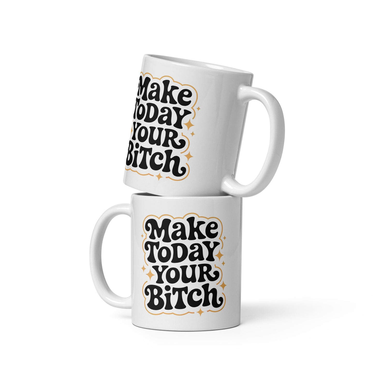 White ceramic stacked mugs featuring Make Today Your Bitch Classic Mug retro black lettering and gold star accents
