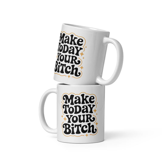 White ceramic stacked mugs featuring Make Today Your Bitch Classic Mug retro black lettering and gold star accents
