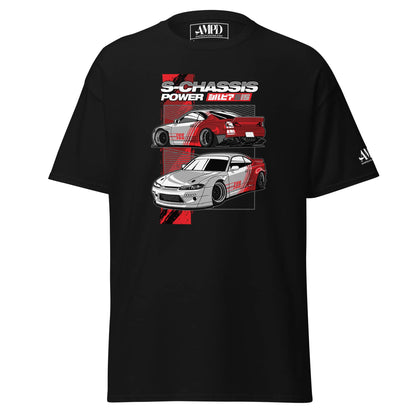 S15 Nissan Silvia T-Shirt S-Chassis 240SX JDM Drift Car Graphic Tee featuring bold car designs on black fabric