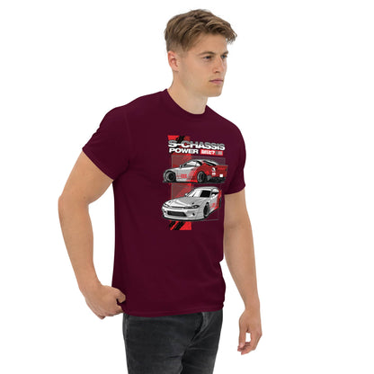 S15 Nissan Silvia T-Shirt S-Chassis 240SX JDM Drift Car Graphic Tee on a model showcasing vibrant design