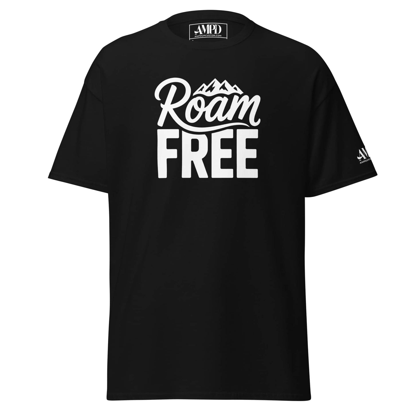 Roam Free T-Shirt Outdoor Explorer Tee for Hikers, Travelers & Wanderers in black featuring mountain graphics