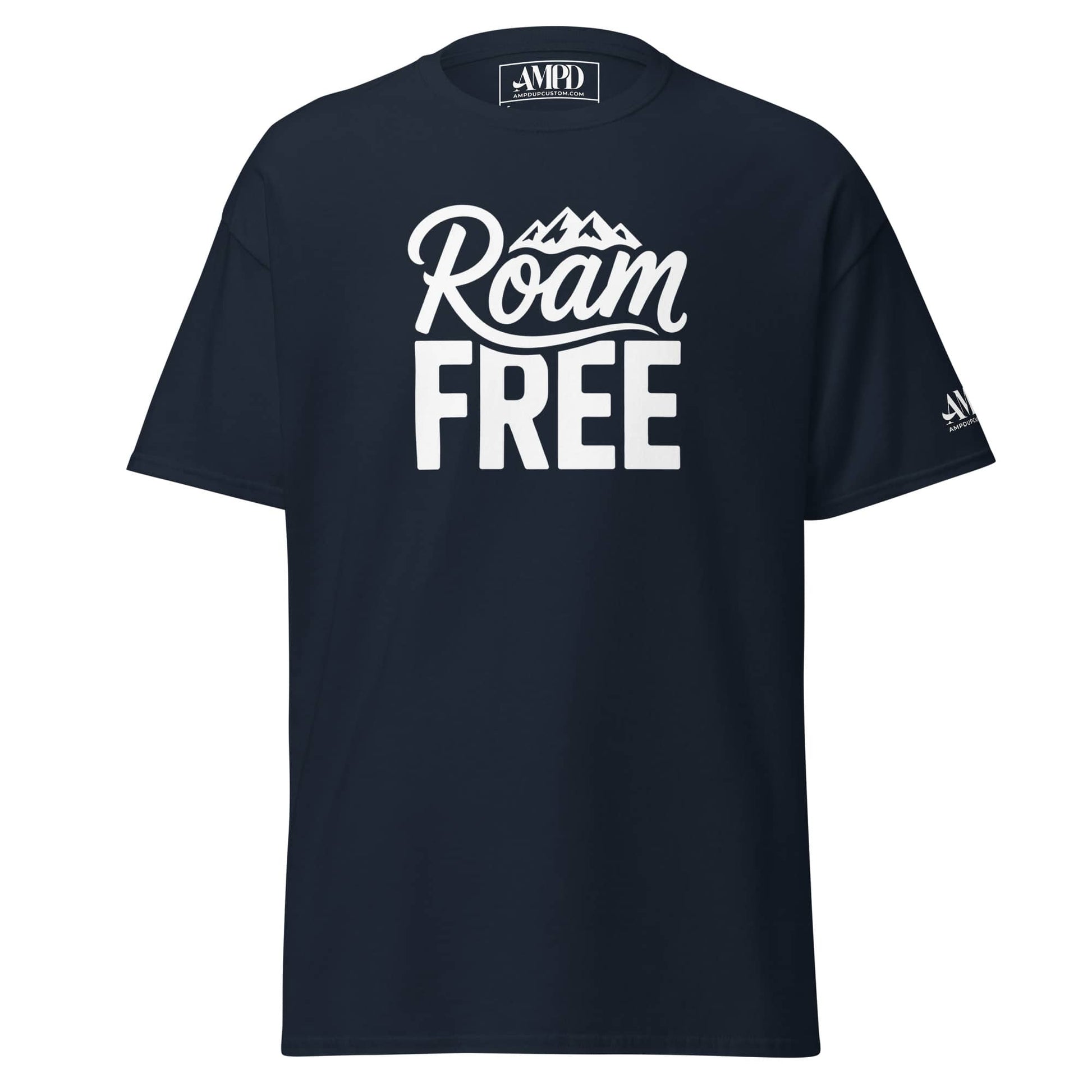 Navy Roam Free T-Shirt Outdoor Explorer Tee for Hikers, Travelers & Wanderers by Amp'd Up Custom