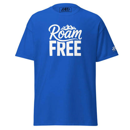 Bright blue Roam Free T-Shirt Outdoor Explorer Tee for Hikers, Travelers & Wanderers