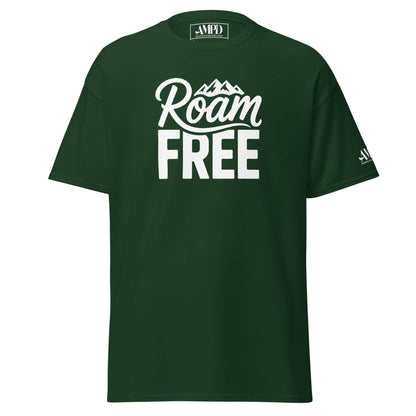 Roam Free T-Shirt Outdoor Explorer Tee for Hikers, Travelers & Wanderers in dark green color