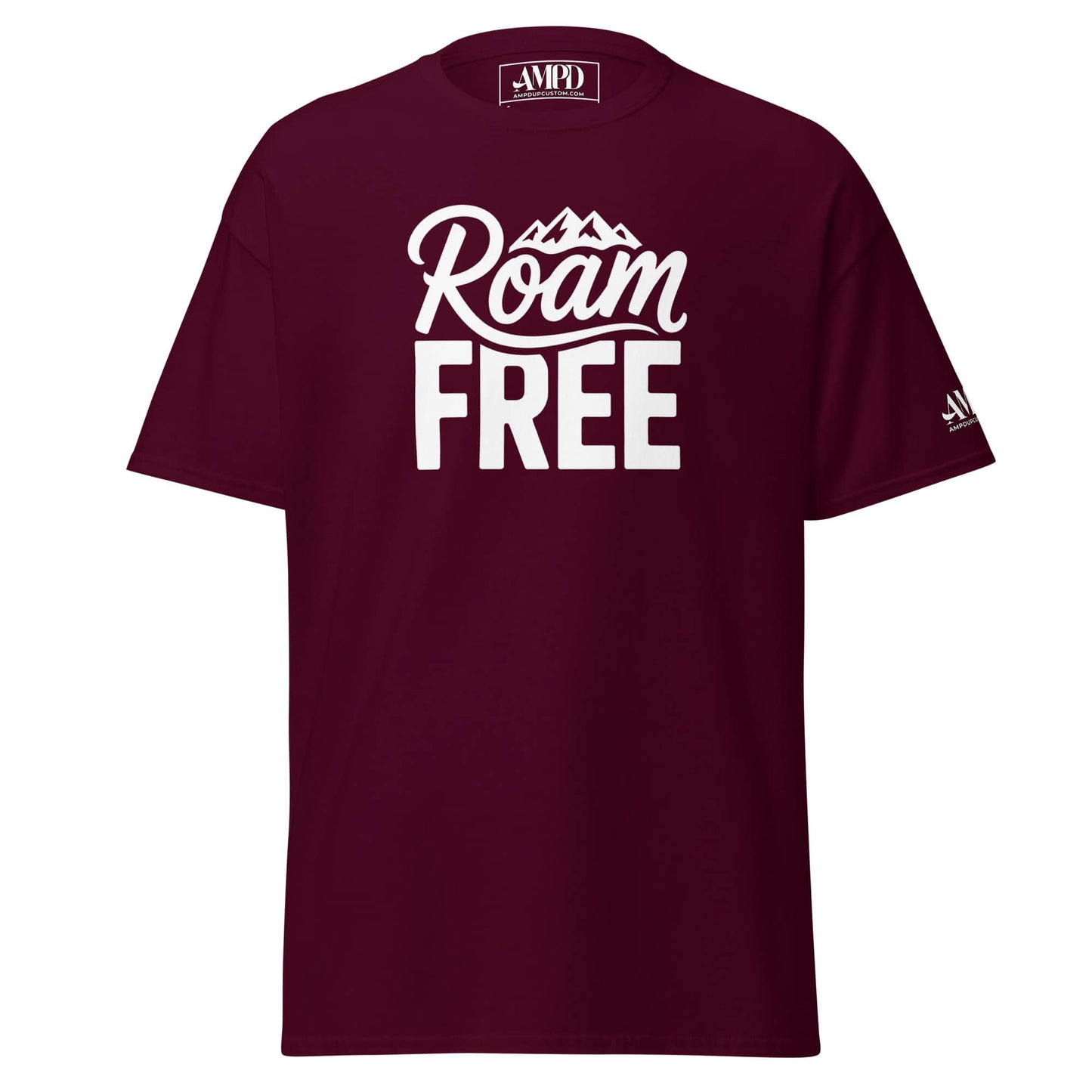 Maroon Roam Free T-Shirt Outdoor Explorer Tee for Hikers, Travelers & Wanderers with mountain design